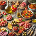 Gastronomía Andaluza:Una mesa rústica con una variedad de tapas mediterráneas, incluyendo embutidos, aceitunas, pan tostado con tomate, y una jarra de aceite de oliva. También se ve una copa de sangría con frutas frescas, junto a platos coloridos de verduras asadas y quesos