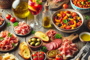 Gastronomía Andaluza:Una mesa rústica con una variedad de tapas mediterráneas, incluyendo embutidos, aceitunas, pan tostado con tomate, y una jarra de aceite de oliva. También se ve una copa de sangría con frutas frescas, junto a platos coloridos de verduras asadas y quesos