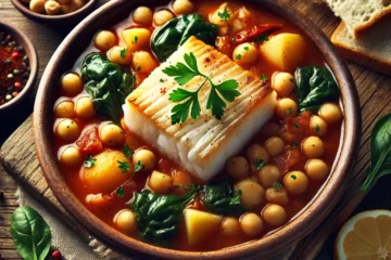 Receta de Plato de potaje de vigilia andaluz con garbanzos, bacalao, espinacas y patatas, servido en un cuenco rústico.