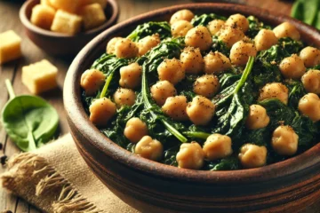 Receta de espinacas con garbanzo en un cuenco de barro, acompañada de croutones sobre una mesa de madera