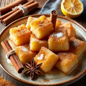 Plato de leche frita con azúcar y canela, decorado con canela en rama y cáscara de limón.