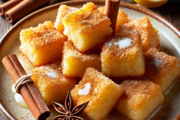 Plato de leche frita con azúcar y canela, decorado con canela en rama y cáscara de limón.