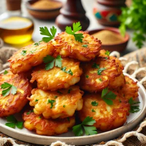 Un plato de tortillitas de bacalao doradas y crujientes, adornadas con perejil fresco