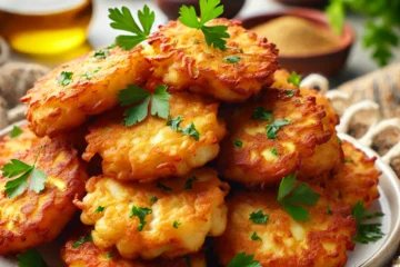 Un plato de tortillitas de bacalao doradas y crujientes, adornadas con perejil fresco