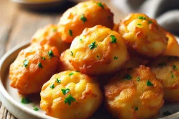 Buñuelos de bacalao dorados con forma esférica irregular, ligeramente fritos y con pequeños trozos de perejil integrados en la masa, presentados en un plato rústico.