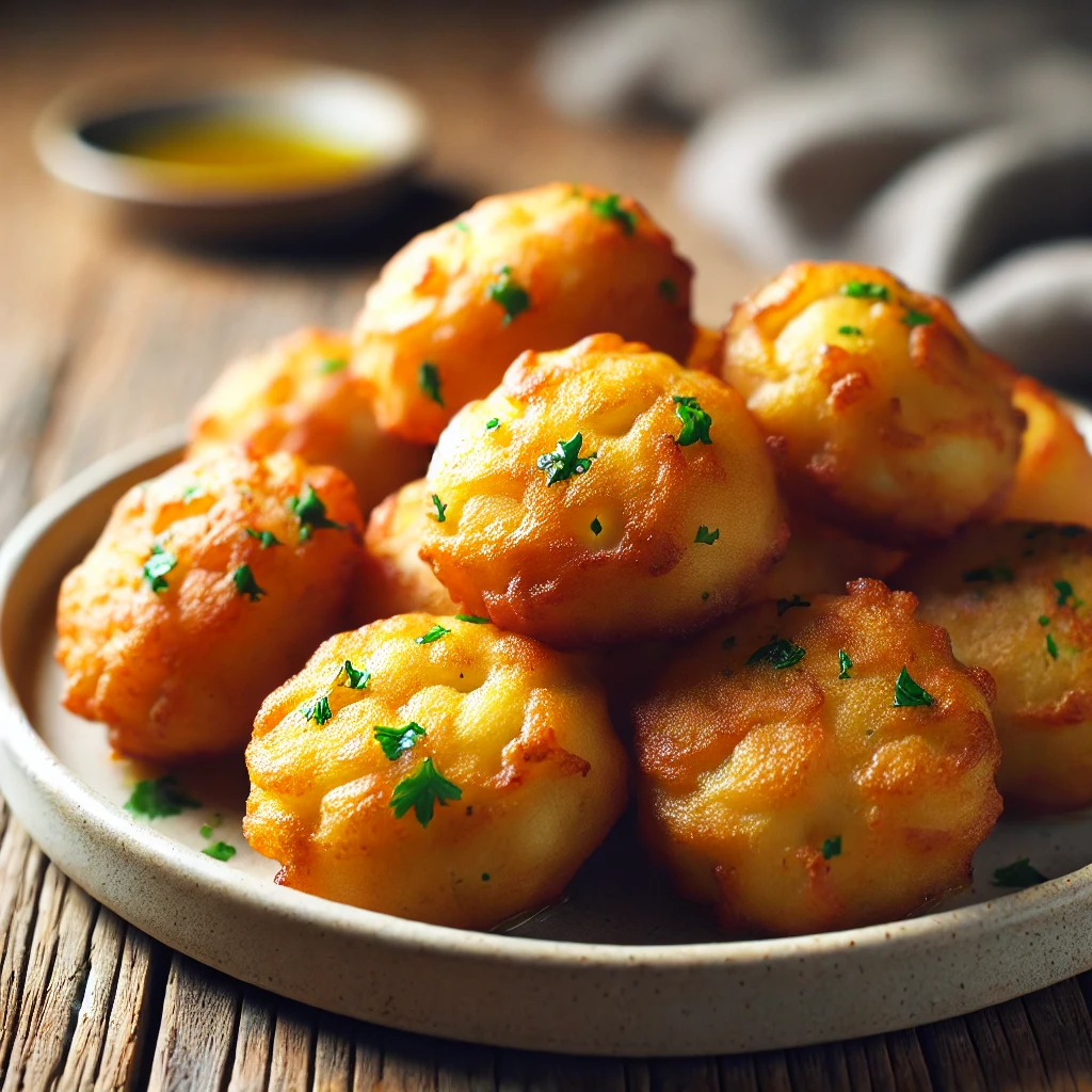 Buñuelos de bacalao dorados con forma esférica irregular, ligeramente fritos y con pequeños trozos de perejil integrados en la masa, presentados en un plato rústico.