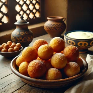 Plato de buñuelos de viento esféricos espolvoreados con azúcar, acompañados de un bol de nata montada, en una cocina rústica andaluza.