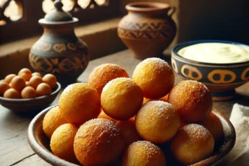 Plato de buñuelos de viento esféricos espolvoreados con azúcar, acompañados de un bol de nata montada, en una cocina rústica andaluza.