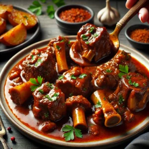 Un plato de Rabo de Toro cocido a fuego lento, con la carne tierna y jugosa, servida con salsa espesa y decorado con perejil fresco. Acompañado de patatas asadas.