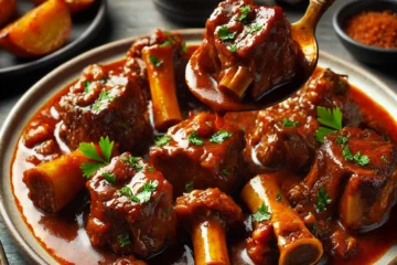 Un plato de Rabo de Toro cocido a fuego lento, con la carne tierna y jugosa, servida con salsa espesa y decorado con perejil fresco. Acompañado de patatas asadas.