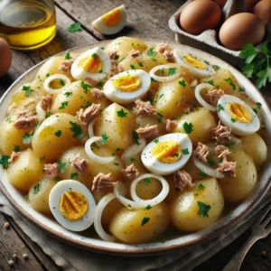 Ensalada de patatas andaluza con rodajas gruesas de patata, huevo cocido, cebolla y perejil.