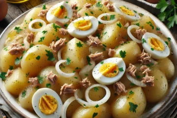 Ensalada de patatas andaluza con rodajas gruesas de patata, huevo cocido, cebolla y perejil.