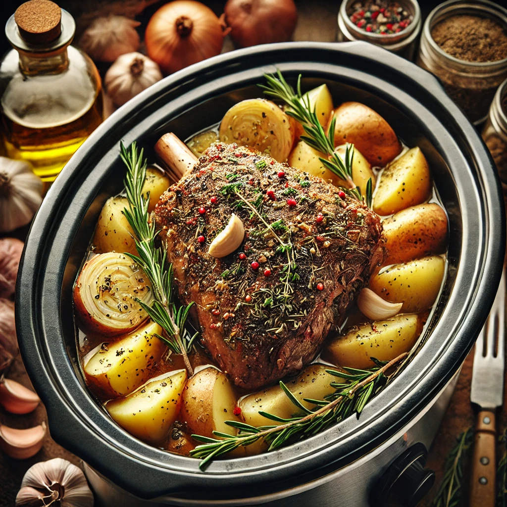 Pierna de cordero estilo andaluz cocinándose en una slow cooker, acompañada de patatas y cebollas en rodajas, con romero y tomillo frescos encima