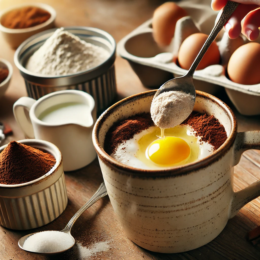 Mezcla de ingredientes para bizcocho rápido al microondas en una taza de cerámica, incluyendo harina, cacao, azúcar, leche, huevo y vainilla.