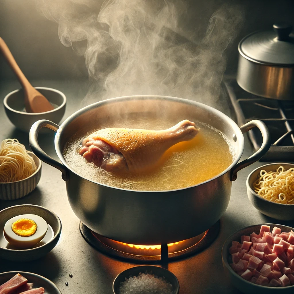 Cacerola con caldo de pollo y muslo en ebullición para sopa de picadillo andaluza.