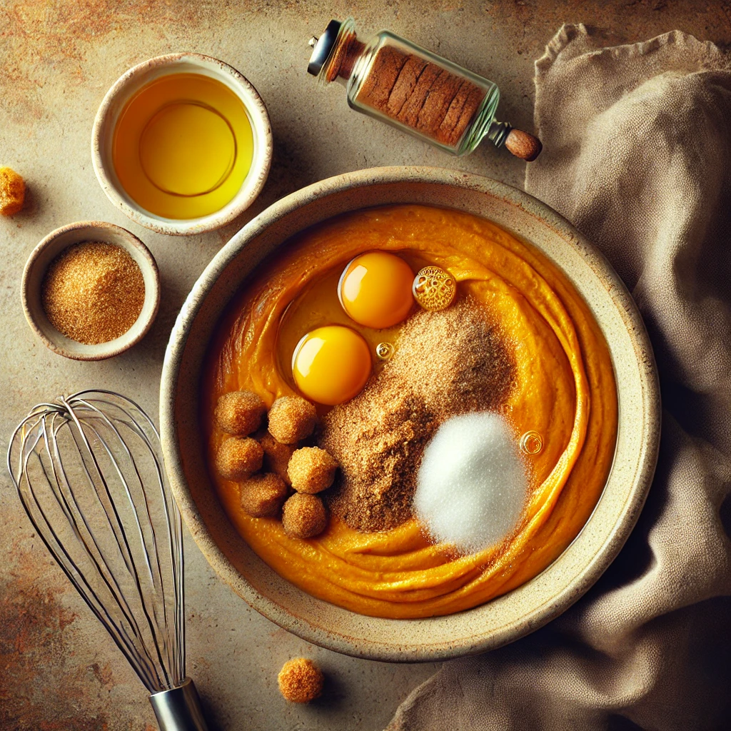 Batido de huevos, azúcar, aceite y puré de calabaza para la preparación del bizcocho de calabaza casero.