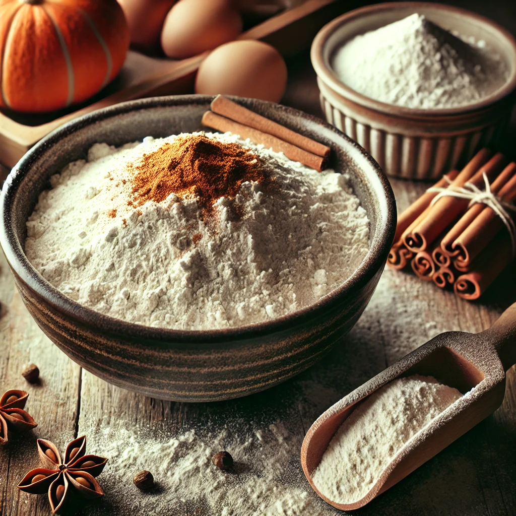 Mezcla de harina, canela y levadura tamizados para integrar en el bizcocho de calabaza.