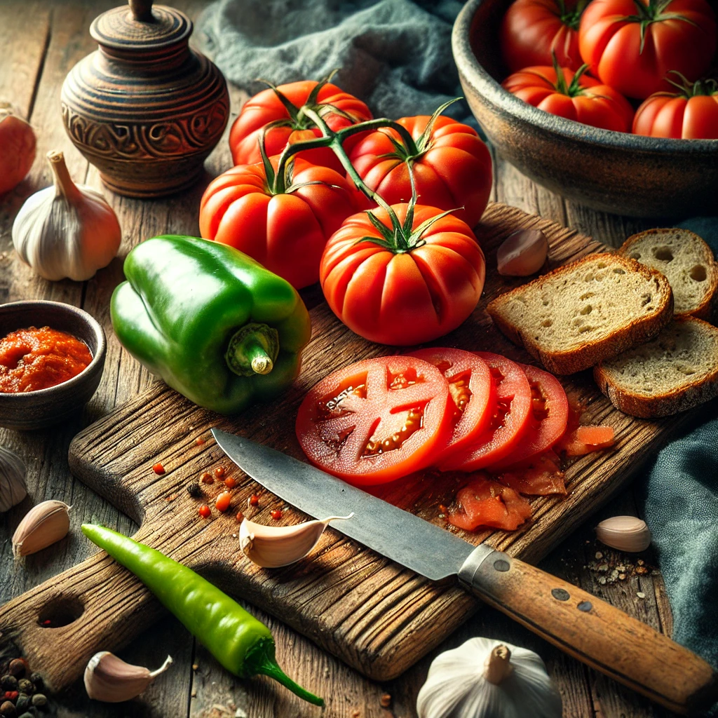 Ingredientes frescos para porra antequerana, incluyendo tomates cortados, pimiento verde, ajo y pan rústico, listos para mezclar en una cocina con luz natural.