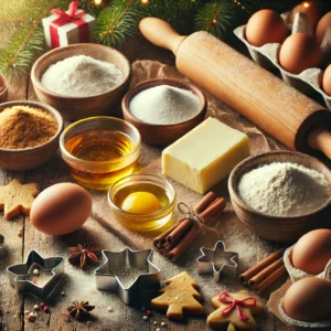 Ingredientes y utensilios para hacer galletas de Navidad, incluyendo harina, azúcar, huevos, miel, mantequilla, canela y cortadores de galletas con formas festivas.