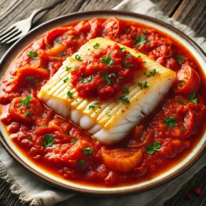 Bacalao dorado sobre una salsa de tomate con pimientos y cebolla, decorado con perejil fresco.