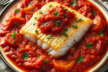 Bacalao dorado sobre una salsa de tomate con pimientos y cebolla, decorado con perejil fresco.