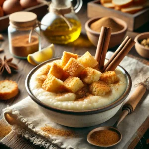 Receta tradicional andaluza de gachas dulces de Jaén, con una textura cremosa y decorado con canela y pan frito.