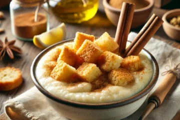 Receta tradicional andaluza de gachas dulces de Jaén, con una textura cremosa y decorado con canela y pan frito.