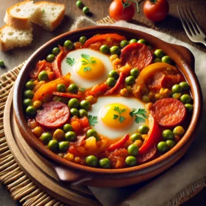 Plato de Huevos a la Flamenca servido en un cuenco de barro con huevos, chorizo, guisantes y vegetales salteados sobre una base de salsa de tomate, acompañado de pan rústico.