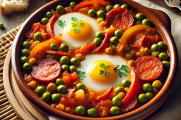 Plato de Huevos a la Flamenca servido en un cuenco de barro con huevos, chorizo, guisantes y vegetales salteados sobre una base de salsa de tomate, acompañado de pan rústico.