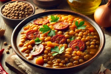 Plato humeante de lentejas a la andaluza en un tazón rústico, con caldo abundante y garnición de perejil fresco y chorizo