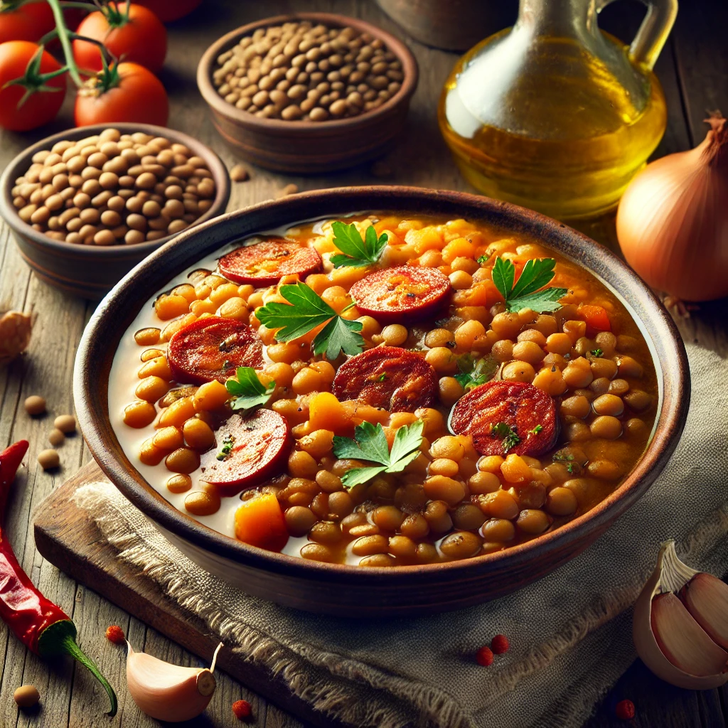 Plato humeante de lentejas a la andaluza en un tazón rústico, con caldo abundante y garnición de perejil fresco y chorizo