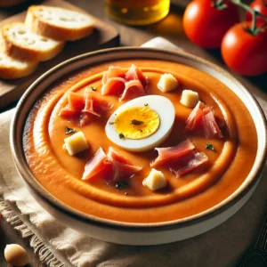 Un plato de salmorejo cordobés servido en un cuenco blanco, decorado con trozos de jamón ibérico y huevo duro picado, sobre una mesa rústica de madera con pan y tomates al fondo.