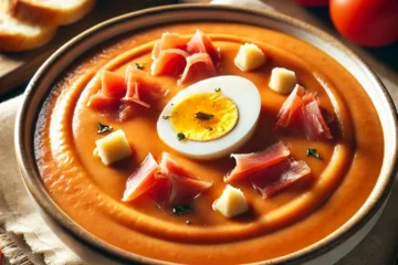 Un plato de salmorejo cordobés servido en un cuenco blanco, decorado con trozos de jamón ibérico y huevo duro picado, sobre una mesa rústica de madera con pan y tomates al fondo.