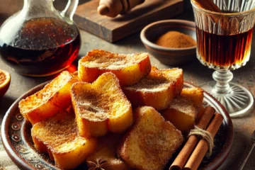 Plato de torrijas doradas espolvoreadas con azúcar y canela, acompañadas de un vaso de vino de Jerez