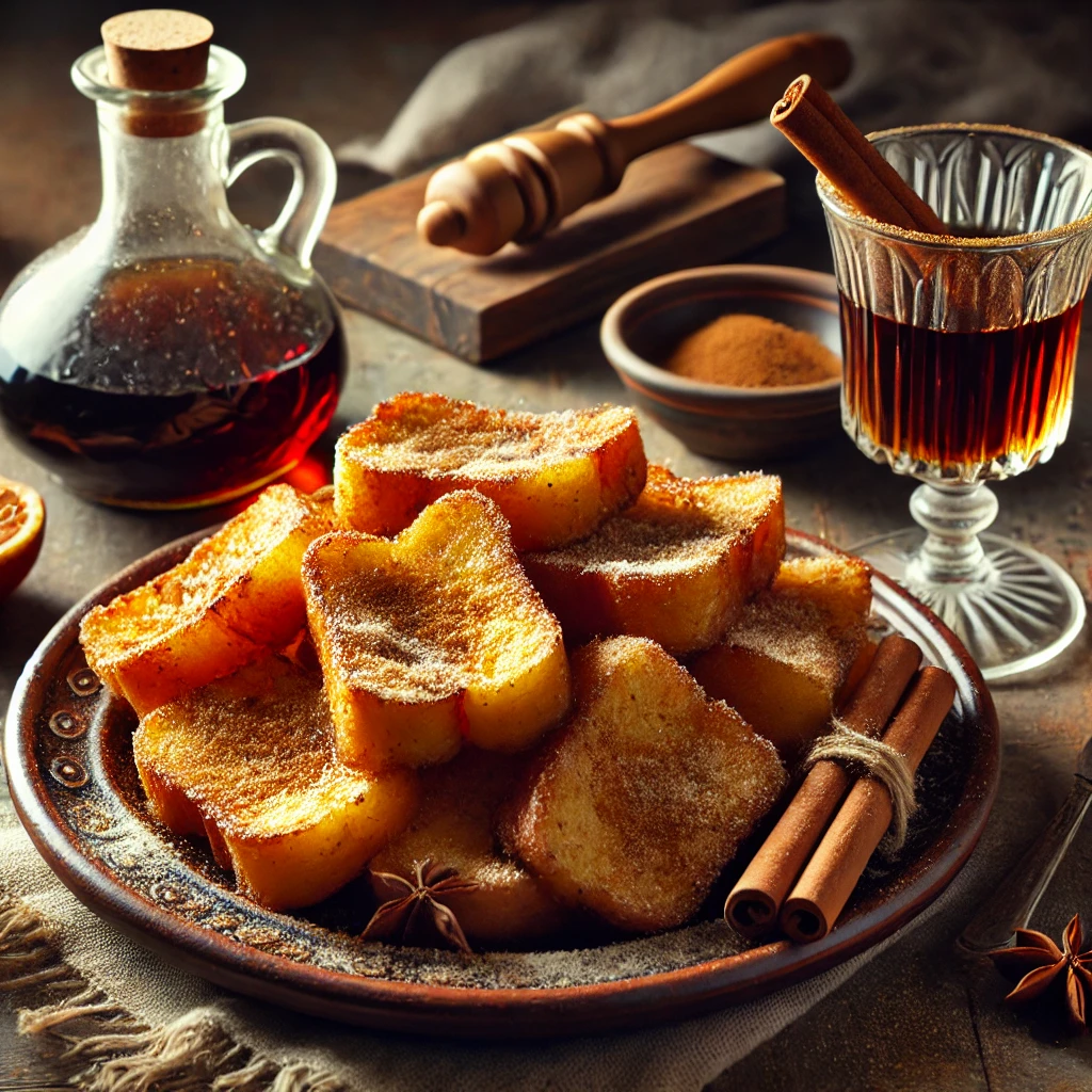 Plato de torrijas doradas espolvoreadas con azúcar y canela, acompañadas de un vaso de vino de Jerez