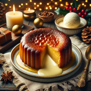 Coulant de turrón casero con centro fundido y cremoso, servido con helado de vainilla en un ambiente navideño.