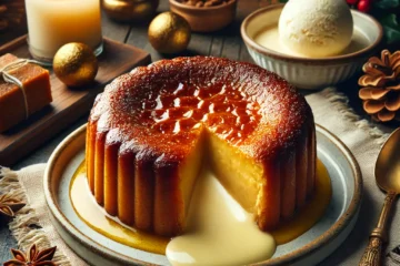 Coulant de turrón casero con centro fundido y cremoso, servido con helado de vainilla en un ambiente navideño.