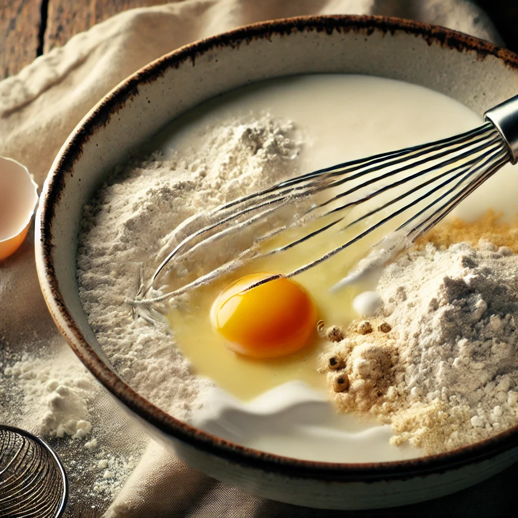 Preparación de la masa para tortitas en freidora de aire, con ingredientes parcialmente mezclados en un bol con un batidor de mano.