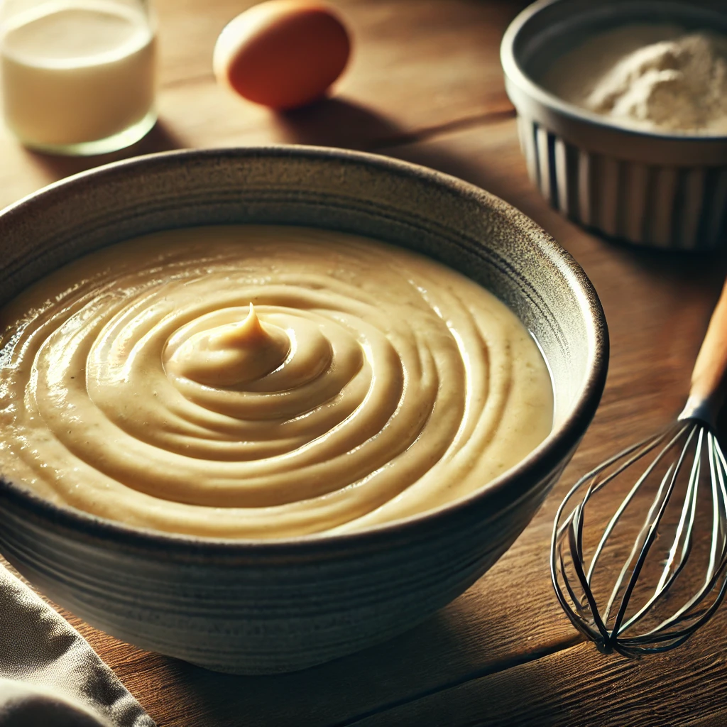 Masa para tortitas en freidora de aire lista para cocinar, en un bol con una textura suave y cremosa.