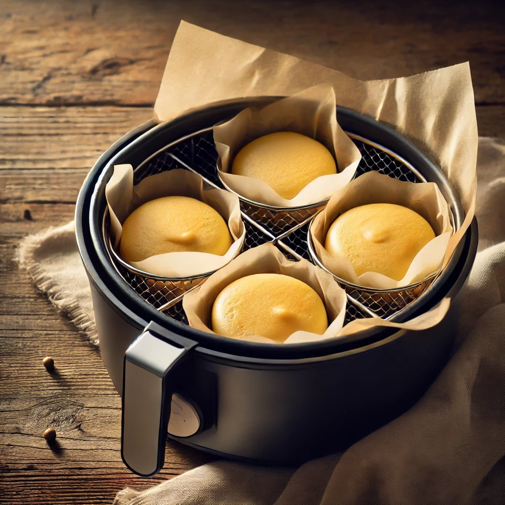 Porciones de masa de tortitas en la cesta de la freidora de aire, sobre papel de horno, listas para cocinar.