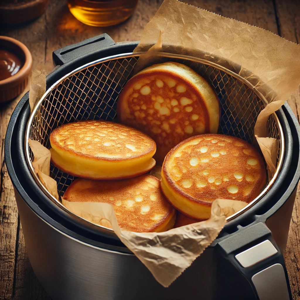 Tortitas doradas y esponjosas en la cesta de la freidora de aire, recién cocinadas