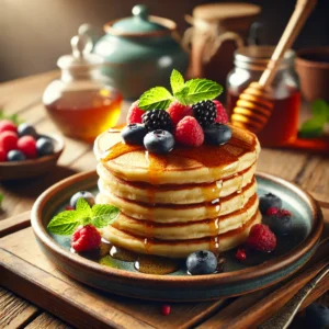 Tortitas doradas y esponjosas apiladas en un plato, con frutos rojos, miel y menta fresca como topping.