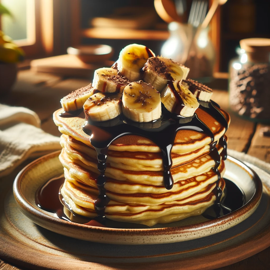 Tortitas doradas y esponjosas apiladas en un plato, con rodajas de plátano y chocolate derretido como toppings.