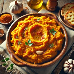 Plato tradicional andaluz de calabaza frita servido en un cuenco de cerámica, acompañado de ajo, pimentón y pan tostado.