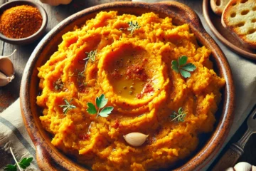 Plato tradicional andaluz de calabaza frita servido en un cuenco de cerámica, acompañado de ajo, pimentón y pan tostado.