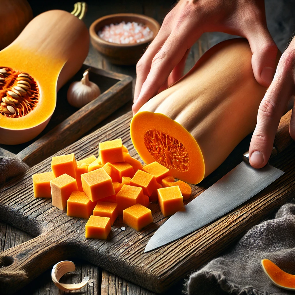 Calabaza de cacahuete siendo pelada y cortada en dados pequeños sobre una tabla de cortar de madera rústica