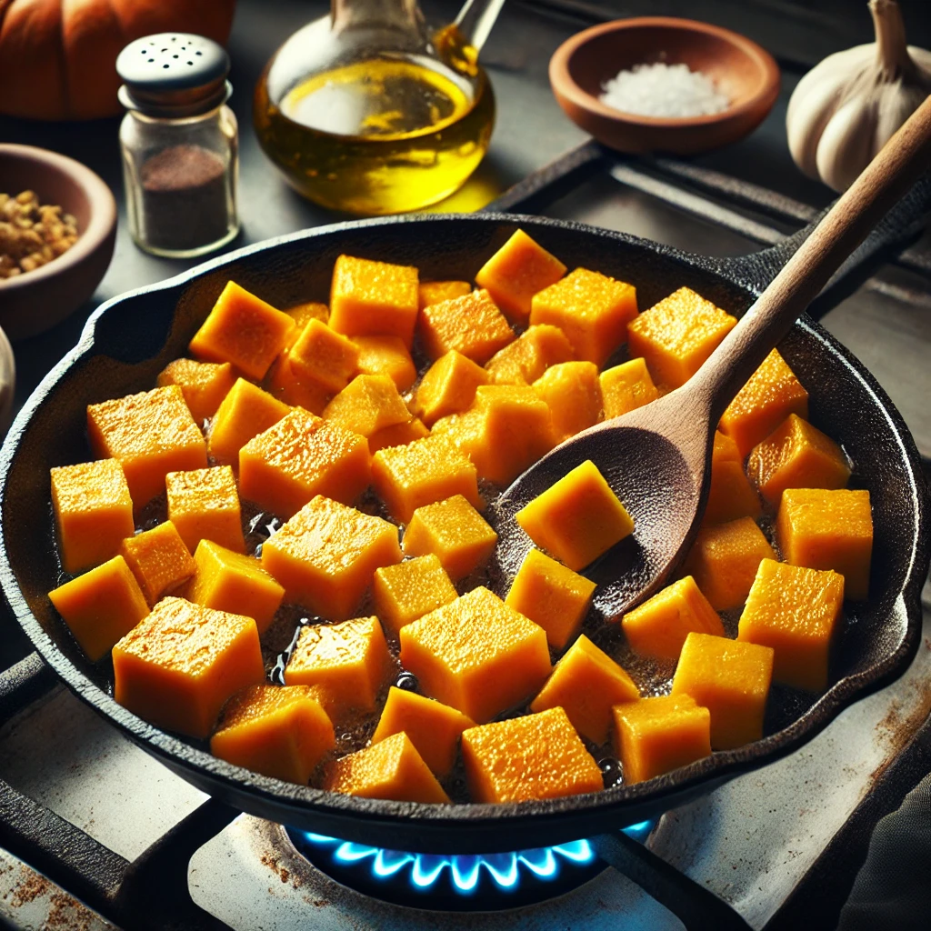 Cubos de calabaza friéndose en una sartén con aceite de oliva, en proceso de caramelización