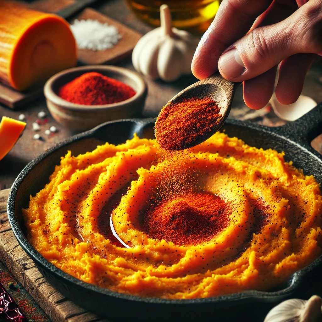 Espolvoreando pimentón y añadiendo vinagre al puré de calabaza en una sartén.