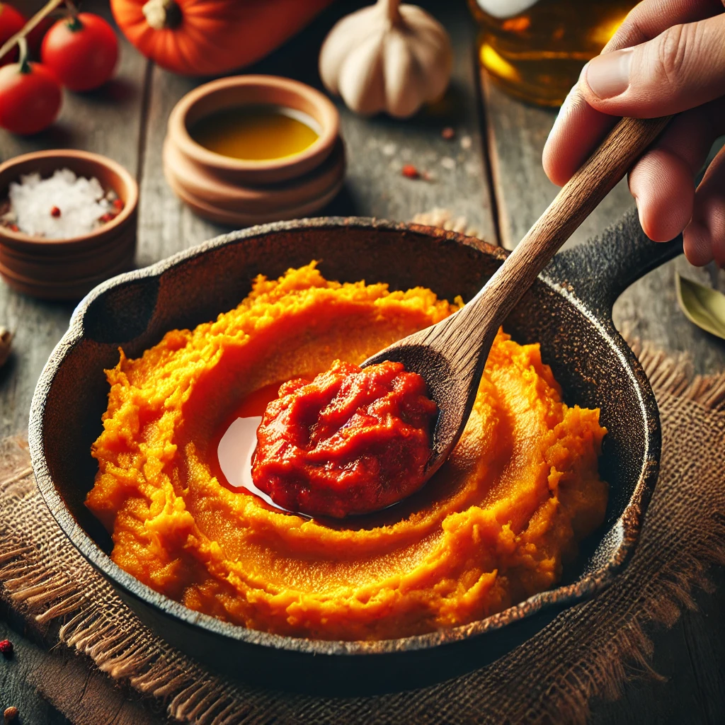 Puré de calabaza en sartén mezclado con tomate frito