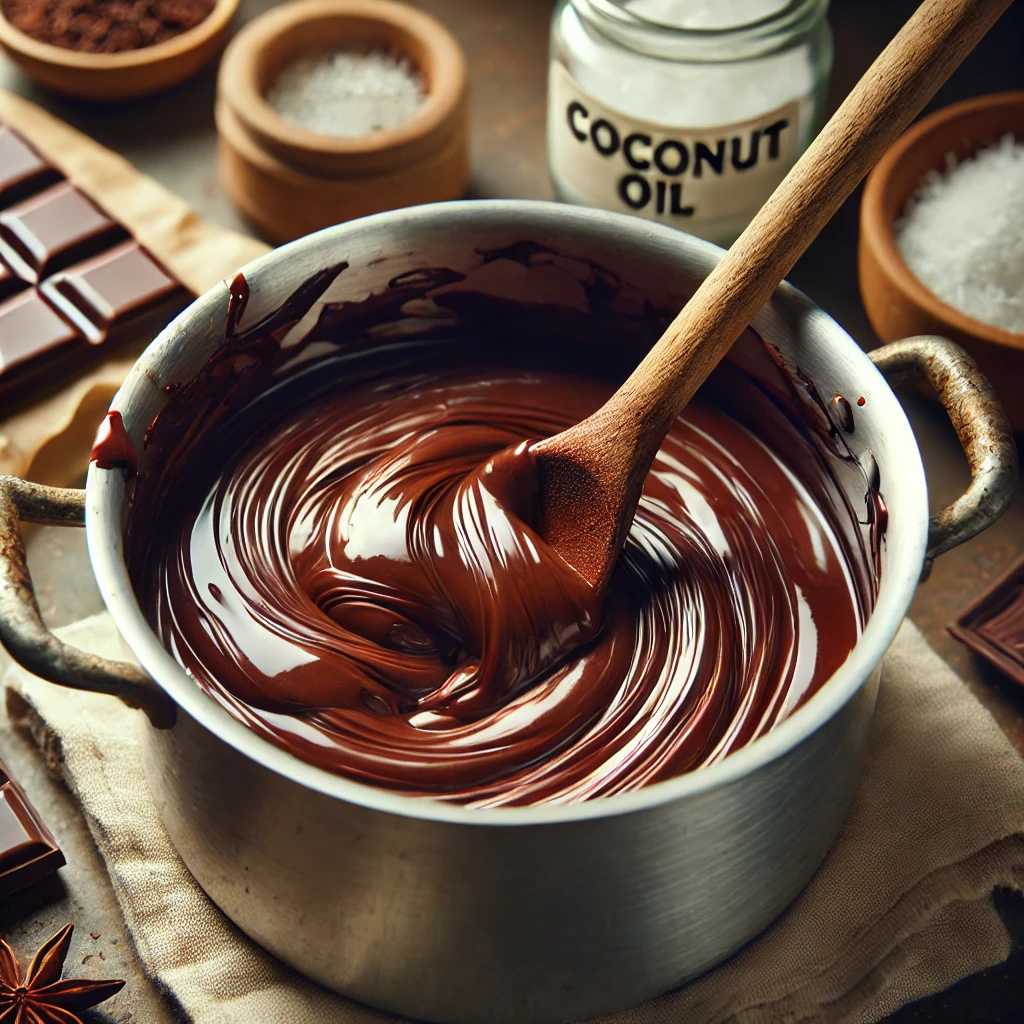 Mezcla espesa de chocolate derretido para turrón vegano.